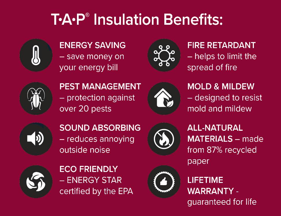 Graphic by Batzner Pest Control explaining the benefits of choosing TAP® Pest Control Insulation for your home in WI.