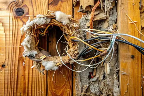 Rodent's nest made of debris and wires in an attic