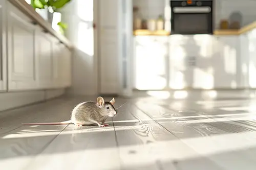 A gray rodent on the floor of a kitchen