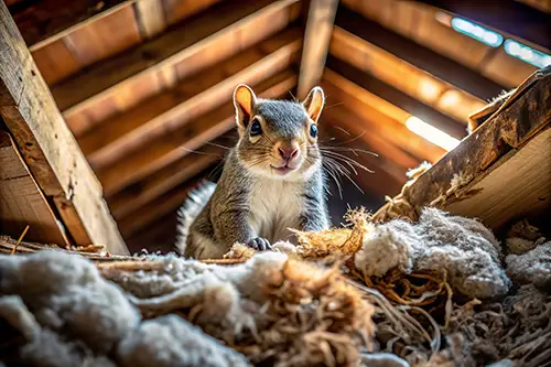 A squirrel in a rodent's nest in an attic