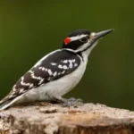 A male hairy woodpecker perched on a tree stump.