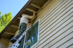 Professional installing vent cover to exclude a home from wildlife.