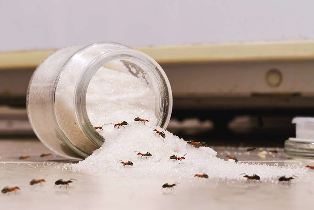 A knocked over sugar jar spread across a kitchen floor, with ants crawling through it.