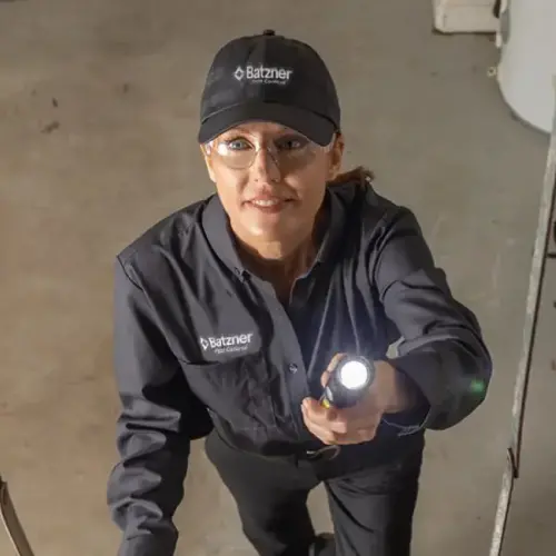 A Batzner Pest Control technician shines a light into a Wisconsin attic while ascending ladder