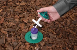 A Batzner Pest Control technician lifting out the bait station in an in-ground termite baiting station.