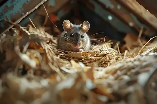Mouse in an attic, ready for Batzners pest removal.