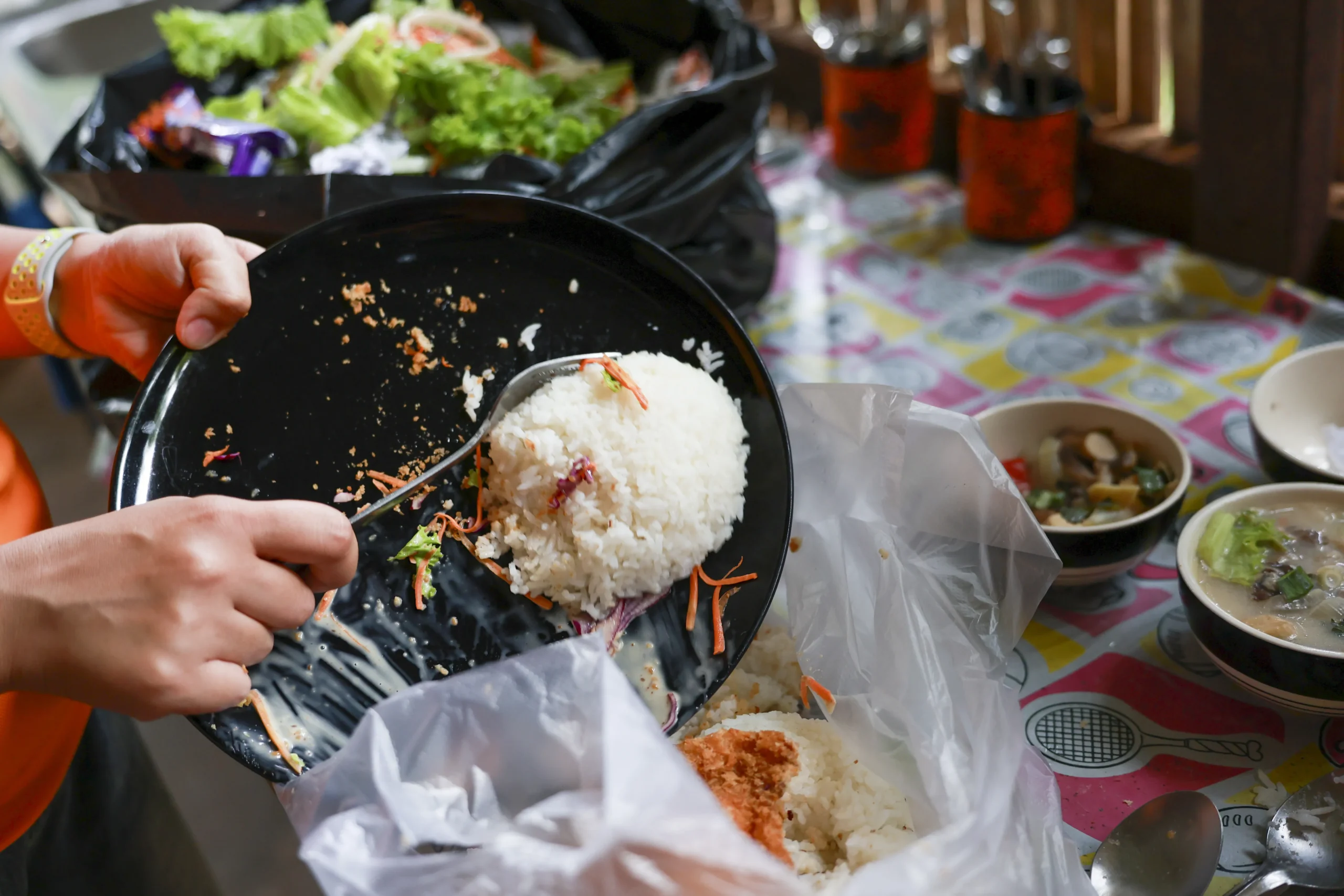 Person scraping leftover food and rice into a plastic garbage bag during a deep clean after a bed bug infestation.