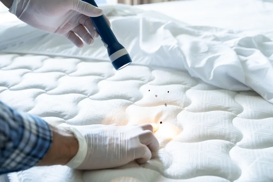 Pest control professional wearing gloves and using a flashlight to inspect a mattress for bed bugs.
