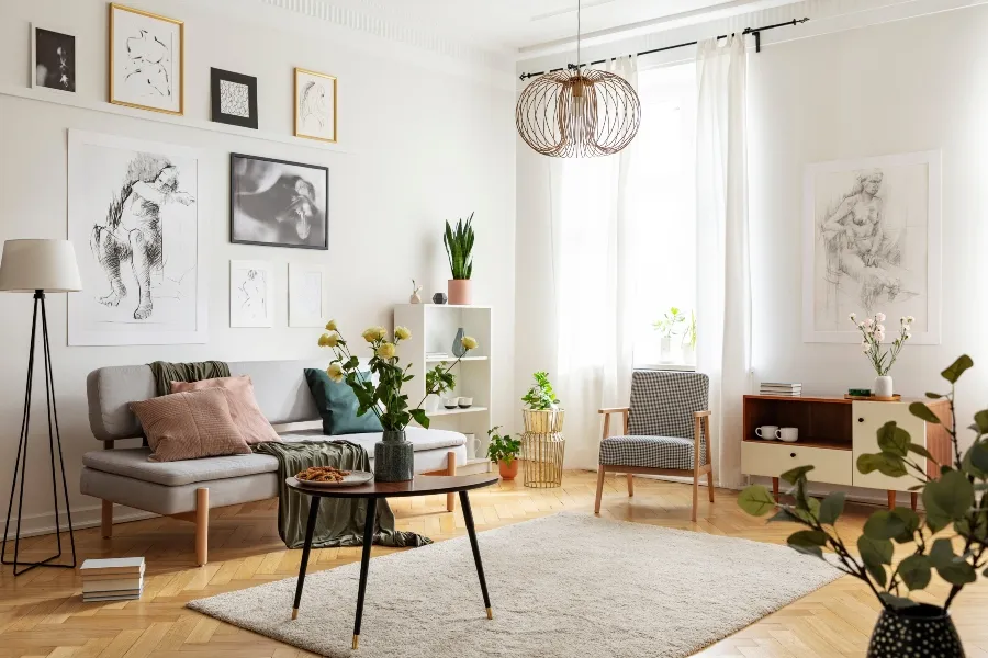 A tidy, brightly lit apartment living room with a sofa and rug, showing a clutter-free space to help prevent bed bugs.