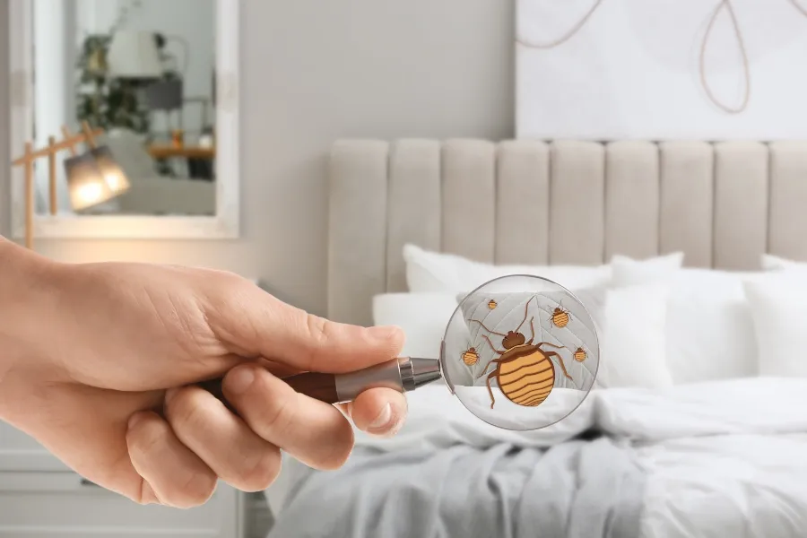 Hand holding a magnifying glass over a bed pillow to identify crawling bed bugs.